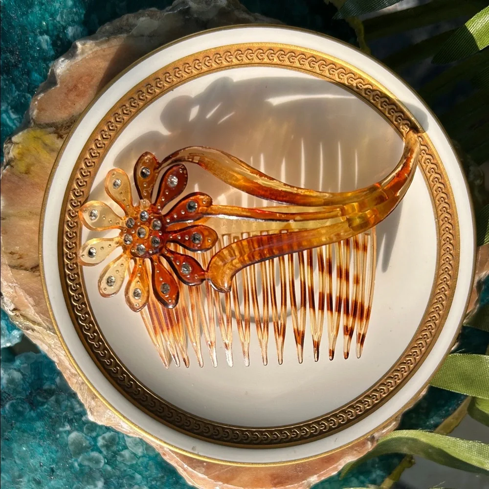 Vintage Tortoiseshell Celluloid Hair Comb w Flower & Rhinestones